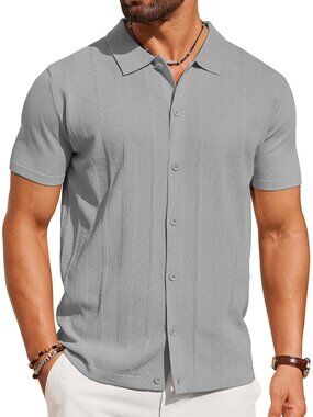 Men's Light Grey Knit Short Sleeve Button Down Polo premium lightweight Shirt